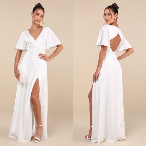 Lulus Elegant Confidence White Satin Flutter Sleeve Cutout Maxi Dress M Wedding - Picture 1 of 9